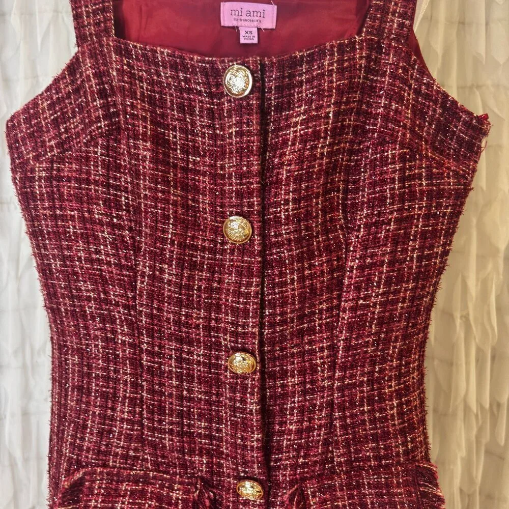 Mi Ami for Francesca’s Burgundy Tweed Button Front Mini Dress | Women's Size XS - Picture 4 of 8